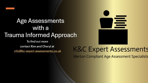 Three Trauma Model Text promoting age assessments using a trauma-informed approach, featuring a logo graphic.