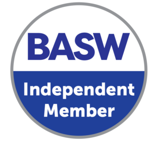 Member of BASW Logo for BASW (British Association of Social Workers) stating "Independent Member."