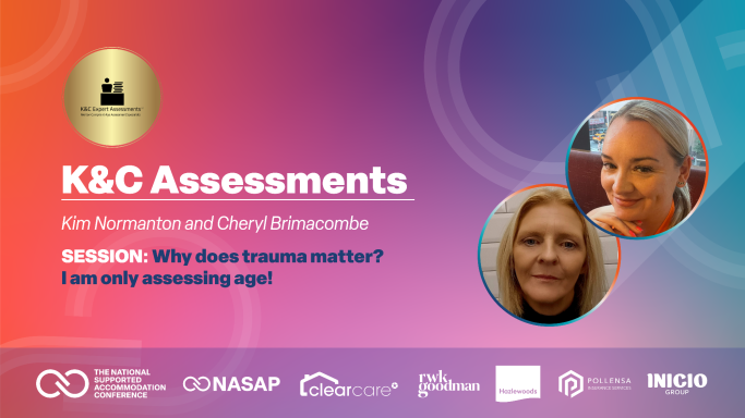"Three Trauma Model" approach to age assessments K&C Assessments session on why trauma matters, featuring two women discussing the topic.